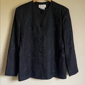 Carlisle Black Floral Embroidered Blazer Size 12 100% Linen